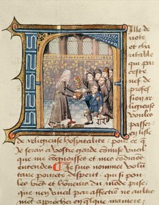 Egy nővér, aki ajándékokat kap a betegektől, a Le Livre de Vie Active de lHotel Dieu de Paris-ból, Jean Henry, 1482 körül alkotó: French School