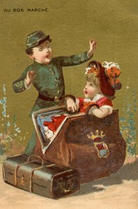 Meglepetés a poggyászban, gyermekeket ábrázoló illusztrációk sorozatából, a párizsi Bon Marché Áruház promóciós kártyáiként készült, 1890 körül alkotó: French School