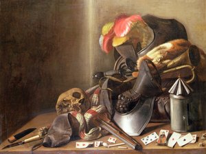 Vanitas-csendélet koponyával, játékkártyákkal és páncéllal, 1650 körül (olaj, vászon) alkotó: French School