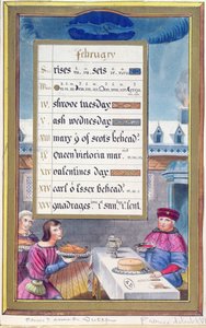 Viktoriánus naptárlap februárra Anne de Bretagne (1488-1514) óráinak könyvéből készült illusztrációval alkotó: French School