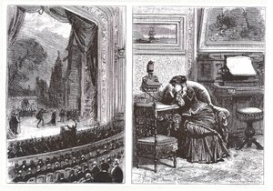 Egy nő operaelőadást hallgat saját otthonában Ader-Bell telefonnal és Aders-elrendezéssel a zene közvetítésére, Louis Figuier Les Nouvelles Conquetes de la Science című művéből, alkotó: French School
