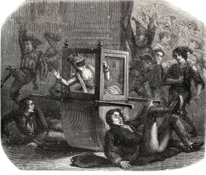 Egy csapat joker megakadályozza, hogy Marie-Therese (Marie Therese) Le Vasseur (Levasseur) (1721-1801), a karneváli jelmez ne haladjon a tolószékben. Az egyik volt szerető bosszújának áldozata. 1871-ből származó metszet a „Histoire Des Cocus C alkotó: French School