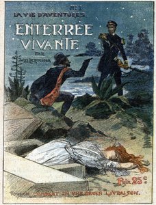 Fegyverrel ellátott bűnözői fegyver fenyeget egy törvényőrt, aki elkapta, miközben egy női holttestet merészelt eltemetni. Illusztráció a Jules Lermina (1839-1913) „” Élő temetés”-hez. Az egyik „Kalandok élete” újság. Metszet a „Journal des Voyages”-ban alkotó: French School