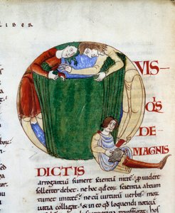 A "Q" miniatúrát díszítő drapéria I. Gergely "Moralia in Jób" című művéből: Nagy Gergely vagy Dialógus (532-604). alkotó: French School