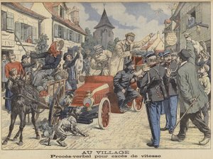 A rendőrség által gyorshajtás miatt megállított sofőr egy falun keresztülhaladva (színes metszet) alkotó: French School