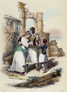 Egy család romokkal körülvéve; illusztráció Görögország számára, M. E. Fouinet „A tizenkét nemzet” című könyvében alkotó: French School