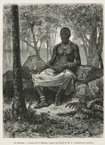 Egy feticheur, a fetiche varázserejét használni képes varázsló, D. Maillart rajza, Alfred Marche 1875-1877-es gaboni és Ogoue-folyó menti utazásának történetét illusztrálja. Metszet a Le tour du monde-ban alkotó: French School