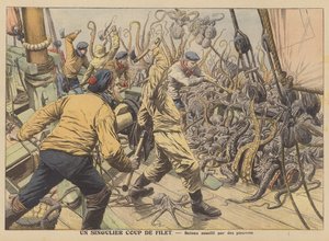 Egy halászhajót megtámadtak a polip fogása (színes litho) alkotó: French School