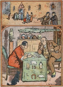 Egy férfi gúnyolódik a fideles misére menő fideleseken . Ugyanez az ember figyelmesen hallgatja egy médium szavait . Karikatúra a "Le Pelerin" február 26-i számában. alkotó: French School