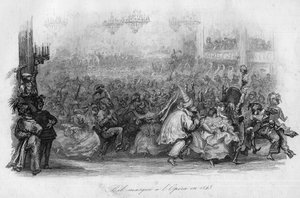 Álarcos bál a párizsi operában 1843-ban. (Marc-Antoine Madeleine Desaugiers "" Le carnival"" dala) in "" - CHANS et CHANS POPULES DE LA FRANCE - 1843 - H.- L. DELLOYE, kiadó, LIBRAIRIE DE GARNIER. alkotó: French School