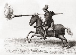 Egy középkori lovag, aki tűzlándzsát vagy tűzlándzsát, a világ egyik első puskaporos fegyverét hordozza a Les Merveilles de la Science-ből, 1870 körül (metszet) alkotó: French School