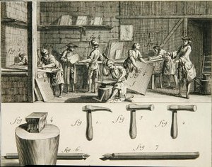 Fémmegmunkáló műhely és szerszámok, Denis Diderot (1713-84) "Encyclopedie des Sciences et Metiers"-ből, 1770 körül (metszet) alkotó: French School