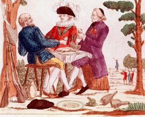 Paraszt (tiers etat), papság és arisztokrata együtt esznek nyulat egy asztalnál, jobbra háttérben vadászjelenet, balra három puska, 1789. augusztus (metszet, 18. század vége) alkotó: French School