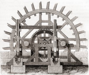 Pormalom és vízi kereke, egy 19. századi rajz alapján, a Les Merveilles de la Science-ből, 1870 körül (metszet) alkotó: French School