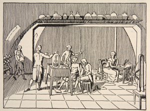 Légzési kísérlet Lavoisier laboratóriumában, Boris Mestchersky (†1957) illusztrációja a Histoire de la Nation Francaise, Sciences, I. és II. kötetből, Gabriel Hanotaux (1853-1944) alkotó: French School
