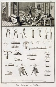 Egy cipő- és csizmakészítő és szerszámaik Denis Diderot (1713-84) Encyclopedie des Sciences et Metiers-ből, 1770 körül. alkotó: French School