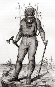 Egy szabványos búvárruha, amelyet Joseph-Martin Cabirol 1855-ben szabadalmaztatott, a „Les Merveilles de la Science”-ből, 1870 körül megjelent (metszet) alkotó: French School