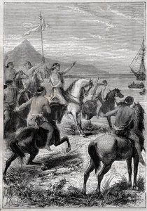 Egy csapat lóháton fehér zászlót viselt: John Byron admirálist (1723-1786) Cape des Virgins bennszülöttei fogadták a Magellan