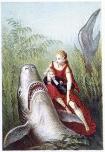 Egy nő és egy fiú cápán lovagolnak – H. de la Blanchère „Utazás a tenger fenekére” című filmjében. Paris, szerk. Jouvet et Cie, sd. 1880. (dupla 02943) alkotó: French School