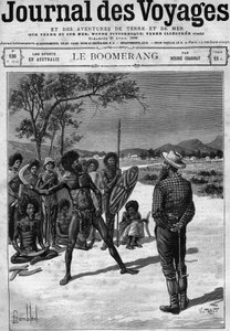 Ausztrália őslakosai bumeráng segítségével, 19. század vége. Metszet a „Journal des Voyages” április 30-án alkotó: French School
