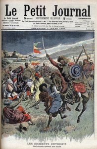 Abesszin főnök egy rajtaütésen, Etiópia, 1908. március (az abesszin keresztények harcolnak muszlim szomáliákkal az Etiópia-Szomália határon) a Le Petit Journalból (metszet) alkotó: French School
