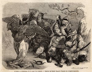 A Mikádó udvarának színészei és táncosai színpadi jelmezben. Aime Humbert, a Svájci Államszövetség miniszterének 1863-1864-es japán útját illusztráló metszete, a "Le tour du monde, nouveau journal des voyages" című, az Ed alkotó: French School