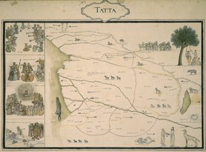 Add.Or.4039, f.37 Tatta térképe az „A Mogul Birodalom tartományait illusztráló albumból”, Jean-Baptiste Gentile ezredes által összeállított alkotó: French School