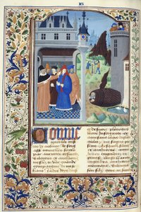 Hozzáadás. 11696, f.136v Boccaccio, aki kínzást figyel meg, Giovanni Boccaccio „Le Livre des Cases des Nobles et Illustres Hommes” című művéből, 1470 körül (tinta, szín és arany pergamen) alkotó: French School