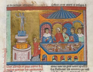 Hozzáadás. MS 15268, fol. 242v Janus-templom szenátorokkal az előtérben, az ókori történelemtől a Caesarig (vellum) alkotó: French School