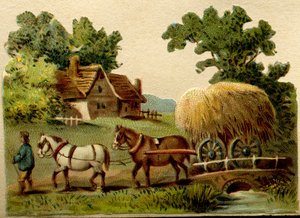 Reklám kromolitográf, faragott, amely egy vidéki jelenetet ábrázol, két lovat egy farmer vezetésével, szalmakocsit húzva alkotó: French School
