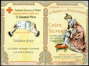 "" A Velpeau Crepe Dressing Band eltávolítja a visszeres harisnyát" reklámkártyája. SD. 19. század. alkotó: French School