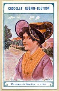Csokoládék reklámkromolitográfiája Guerin Boutron, Franciaország régióinak fejdíszei, Moulins környéke, Allier, illusztráció Emile Jammes (kromolitográfia) alkotó: French School