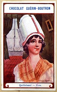 Csokoládék reklámkromolitográfiája Guerin Boutron, Franciaország, Quillebœuf, Eure régiók fejdíszei, illusztráció Emile Jammes (kromolitográfia) alkotó: French School