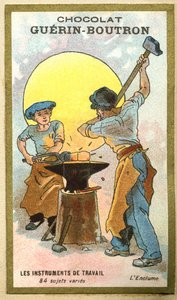 Csokoládék reklámkromolitográfiája Guerin Boutron, munkaeszközök, 84 változatos téma, az üllő alkotó: French School