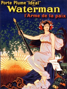 Reklámplakát az „Ideális Waterman Fountain Holder, the Weapon of Peace of Peace” (Békeszerződést és Waterman Feathert viselő nő) című filmhez. Litográfia 1919. alkotó: French School