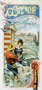 Párizsból Ostendába (Belgium) való eljutás reklámozása: Oostende: 5 óra Párizsból, 1900 körül (kromolitográfia) alkotó: French School