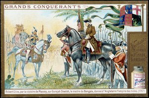 Miután Plassey győzelmet aratott Surajah Dowlah (Suraj Ud-daula vagy Ud Daula Ud Daulah vagy Ud-Daulah) felett, bengáli mester 1757-ben Angliának adta az Indiai Birodalmat. 19. századi liebig kromolitográfiát. alkotó: French School