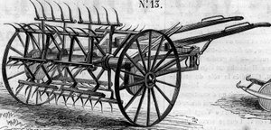 Mezőgazdasági gép: egy angol kettős működésű rendterítő, amelyet a párizsi mezőgazdasági versenyen mutattak be 1860-ban. Metszet a „” Le Monde Illustré”” 172. számában, 1860. július 28.. alkotó: French School