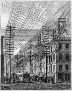 Levegő elektromos vezetékek Philadelphiában (Egyesült Államok), a Chestnut street és a harmadik utca sarkán. Metszet a „” La Nature-be. Revue des sciences et de ses applications aux arts et a l