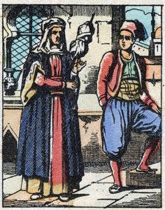Aladin és a munkájukból élő anyja. Ezeregyéjszaka meséjének metszete „” Aladin és a csodálatos lámpa””. Epinális képalkotás, 19. század vége. Magángyűjtemény. alkotó: French School