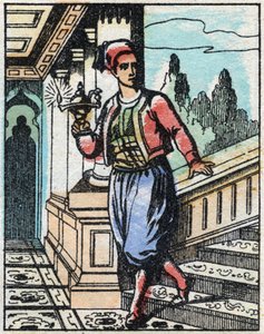 Aladin a varázslámpával már nem találja az utat. Ezeregyéjszaka meséjének metszete „” Aladin és a csodálatos lámpa””. Epinális képalkotás, 19. század vége. Magángyűjtemény. alkotó: French School