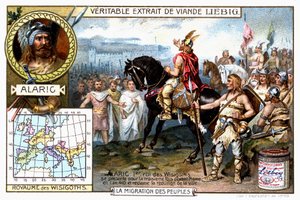Alaric 1er, a vizigótok királya 410-ben harmadszor jelentkezik Róma előtt, és követeli a város feladását - Liébig reklámmatrica alkotó: French School