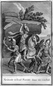 Alkibiadész (i. e. 450-404), az athéni államférfi és stratégiai ember védelmezi Szókratészt a harcban. „Az ókori történelem szépségei vagy nagy emberek emlékezetes tényei és mondásai” című könyvben alkotó: French School