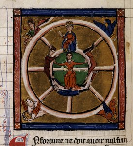 III. Nagy Sándor (Kr. e. 356-323), aki a szerencsekeréken ül, körülveszi a Tetramorfot. A „Histoire ancienne à la Cesar” kézirat miniatúrája, amelyet 1260-1270 körül írt IV. Roger, Lille Chatelain udvarának szolgálatában álló hivatalnok (120 alkotó: French School