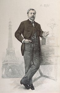 Alexandre Gustave Eiffel íróasztala mellett pózol a Tour Eiffel rajzával, a La Revue Illustree illusztrációja, 1888 alkotó: French School