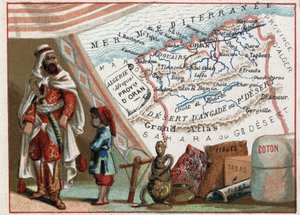 Algéria Afrikában és Oran tartomány, Franciaország. Sorozat a francia minisztériumokról. Füge, pamut, dohány, agathe és ólom importja. Kromolitográfia (Chromo) „” a földrajzi szál””, 1920 körül. Magángyűjtemény. alkotó: French School