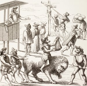 A hugenották által elkövetett túlzások allegorikus képe Paul Lacroix „Katonai és vallási élet a középkorban” című művéből, London, 1880 körül. alkotó: French School