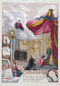 Jacques Necker (1732-1804) XVI. Lajosnak (1754-93) adott jelentés allegóriája 1781-ben (színes metszet) alkotó: French School