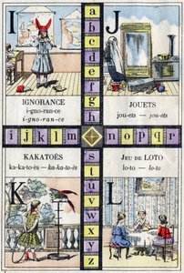 Ábécé és betű I J K és L, tudatlanság, játékok, kakatók és lottójáték. A kislányok ABC-je. Epinális képalkotás alkotó: French School