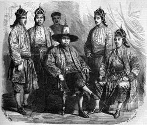 Sziám (Thaiföld) nagykövetei 1858-as párizsi látogatásuk során. Metszet a „” Le Monde Illustré”” 49. sz. 1858. március 20-án. alkotó: French School